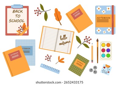 White isolated flat vector with colorful set of objects for school or office. Back to school set with pen, notebooks and autumn leaves