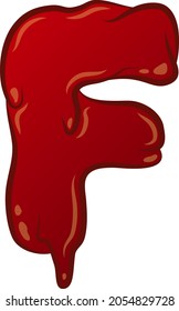 White Isolated flat vector F - letter in bloody style. Liquid tech. Graffiti lettering. Creepy and scary character. Red colors with outline and flare.