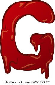 White Isolated flat vector G - letter in bloody style. Liquid tech. Graffiti lettering. Creepy and scary character. Red colors with outline and flare.