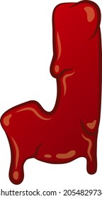 Vector plana aislado blanco J - letra en estilo sangriento. Tecnología líquida. Grabado de graffiti. Carácter espeluznante y aterrador. Colores rojos con contorno y brillo.
