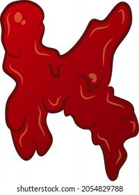 White Isolated flat vector K - letter in bloody style. Liquid tech. Graffiti lettering. Creepy and scary character. Red colors with outline and flare.