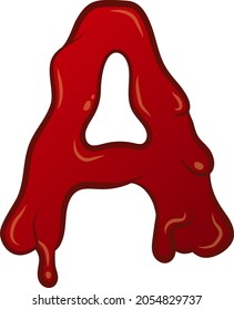 White Isolated flat vector A - letter in bloody style. Liquid tech. Graffiti lettering. Creepy and scary character. Red colors with outline and flare.