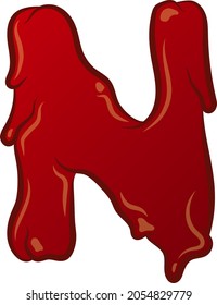 White Isolated flat vector N - letter in bloody style. Liquid tech. Graffiti lettering. Creepy and scary character. Red colors with outline and flare.