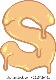 White Isolated flat vector S - letter in wax style. Waxing tech. Graffiti lettering. Liquid honey character. Pastel colors with outline and flare. Melted butter