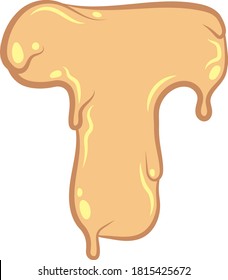 Vector plano aislado blanco T - letra en estilo cera. Tecnología de lavado de dinero. Grabado de graffiti. Colores pasteles con contorno y brillo. Mantequilla derretida. Carácter de miel líquido.