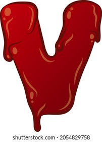 Vector plano aislado blanco V - letra en estilo sangriento. Tecnología líquida. Grabado de graffiti. Carácter espeluznante y aterrador. Colores rojos con contorno y brillo.