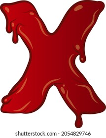 Vector plano aislado blanco X - letra en estilo sangriento. Tecnología líquida. Grabado de graffiti. Carácter espeluznante y aterrador. Colores rojos con contorno y brillo.
