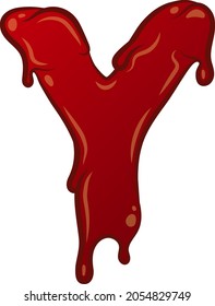 Vector plano aislado blanco Y - letra en estilo sangriento. Tecnología líquida. Grabado de graffiti. Carácter espeluznante y aterrador. Colores rojos con contorno y brillo.