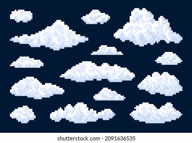 White isolated fluffy bubble pixel clouds in blue sky, vector 8bit pixel art game icons. Cartoon 8 bit space background with clouds landscape elements, cubic retro 2d game asset