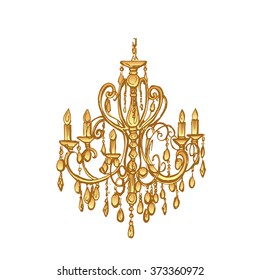 White isolated golden chandelier. Hand drawn colorful chandelier. Vector illustration