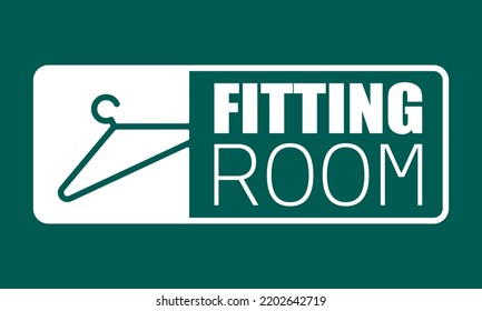 White isolated in green background fitting room, dressing room vector sign, fashion store symbol, flat shirt cloth hanger vector icon, closet fitting room icon