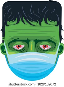 White isolated illustration of green monster with protective surgeon mask. Flat style art for halloween quarantine. Coronavirus epidemic concept. Funny pandemic cartoon character. Vector promo graphic design.