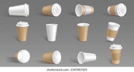 White isolated paper coffee cup vector mockup. Empty disposable plastic take away mug with lid and sleeve mock up. Realistic cafe container for cappuccino or latte with brown eco holder package