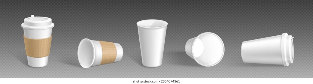 White isolated paper coffee cup vector mockup. Empty disposable plastic take away mug with lid and sleeve mock up. Realistic cafe container for cappuccino or latte with brown eco holder package