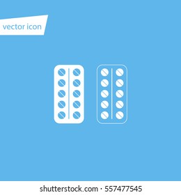 White isolated pills blisters vector icon on blue background, flat icon