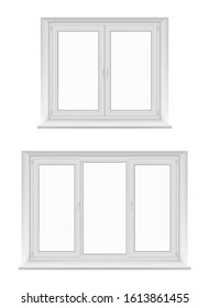 White isolated plastic windows, vector design with PVC frames and glass. Inside view of realistic double casement windows with sills, hinges and locking handles, room interior element