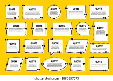Marcos aislados de comillas blancas. Burbujas de voz con comillas. Cuadro de texto en blanco y comillas. Plantilla de publicación de blog. Ilustración vectorial.