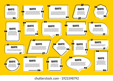White isolated quote frames. Speech bubbles with quotation marks. Blank text box and quotes. Blog post template. Vector illustration.