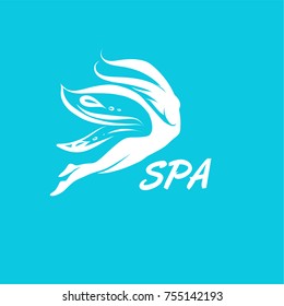 White isolated silhouette of girl with wing butterfly on blue background.Concept template logo, logotype, element design for spa, beauty salon, massage cabinet, health resort. Light and flight symbol
