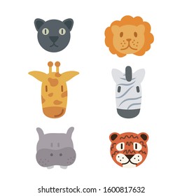 White isolated stock vector set of cute, cartoon, fancy, colored heads of wild, tropical animals like zebra, lion. giraffe. tiger, panther and hippopotamus with happy emotions. 