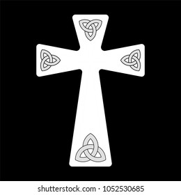 White isolated vector cross with triquetra in each corner on black background