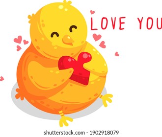 White isolated vector illustration of cute yellow chick holding big heart in his arms. Valentine's day adorable character for greeting postcards and love declaration in cartoon style. Invitation card.