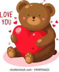 White isolated vector illustration of cute teddy bear holding big heart in his arms. Valentine's day adorable character for greeting postcards and love declaration in cartoon style. Invitation card.