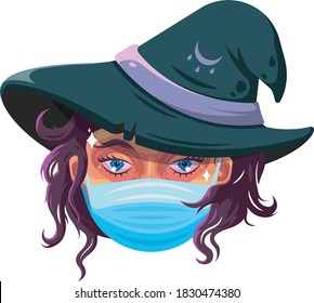 White isolated vector illustration of witch wearing medical mask to protect herself from coronavirus on quarantine halloween party 2020. Cartoon styled pandemic girl with purple hair in magic hat