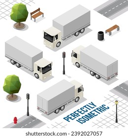 White Isometric Big Truck from the Front Back Right and Left Views isolated on White