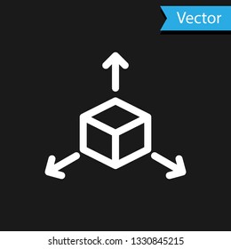 White Isometric cube icon isolated on black background. Geometric cubes solid icon. 3D square sign. Box symbol. Vector Illustration