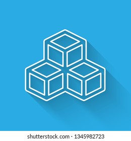 White Isometric cube icon isolated with long shadow. Geometric cubes solid icon. 3D square sign. Box symbol. Vector Illustration