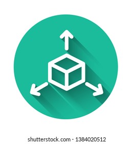 White Isometric cube icon isolated with long shadow. Geometric cubes solid icon. 3D square sign. Box symbol. Green circle button. Vector Illustration