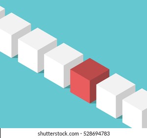 White isometric cubes and a red unique one on turquoise blue background. Uniqueness and individuality concept. Flat design. EPS 8 vector illustration, no transparency