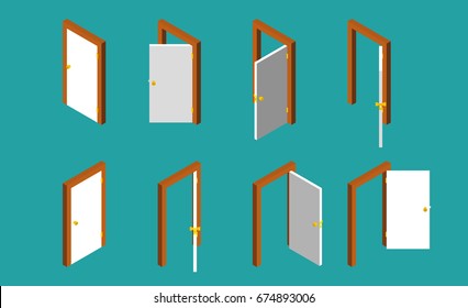 White isometric door. Set of the opened and closed doors. Vector illustration.