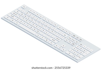 White isometric keyboard with letters and numpad in minimalistic volumetric style