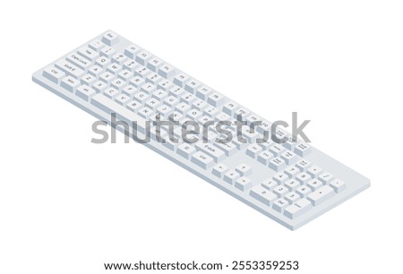 White isometric keyboard with letters and numpad in minimalistic volumetric style