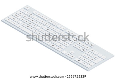 White isometric keyboard with letters and numpad in minimalistic volumetric style