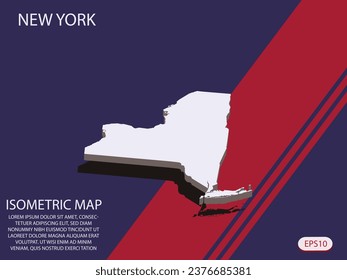 Mapa isométrico blanco de los elementos de Nueva York de fondo azul y rojo para el mapa conceptual fácil de editar y personalizar. Pasos 10