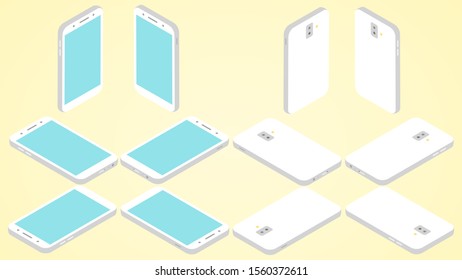 White isometric phone in every angle possible with yellow background.