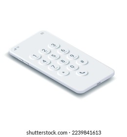 Weißes isometrisches Smartphone-Modell. Wählbildschirm am Telefon. Realistische mobile Bildschirmtastatur mit Zahlen und Briefvorlage. Tastenfeld für die weiße Benutzeroberfläche des Vector 3D-Touchscreen-Geräts, Motion nach oben