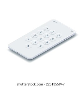 White isometric smartphone mock up. Dial screen on phone. Realistic mobile screen keypad with numbers and letter template. Vector 3D touchscreen device keypad white interface mockup