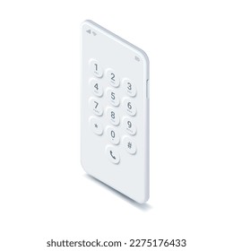 White isometric smartphone mock up. Dial screen on mobile phone. Realistic mobile screen keypad with numbers and letters template. Vector 3D touchscreen device keypad white interface mockup