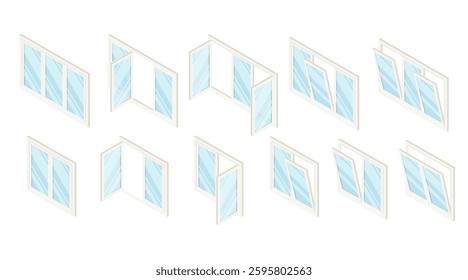 White isometric windows collection. Transparent glass. Set of window panels in different options, open and closed. Metal and plastic frames. Modern style. Vector illustration isolated on white.