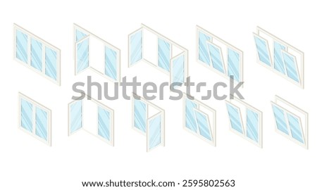 White isometric windows collection. Transparent glass. Set of window panels in different options, open and closed. Metal and plastic frames. Modern style. Vector illustration isolated on white.