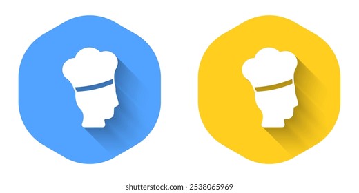 White Italian cook icon isolated with long shadow background. Circle button. Vector