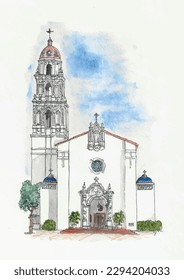 Iglesia ortodoxa blanca italiana, cielo azul, cúpula, torre. Ilustración de esbozo de acuarela.