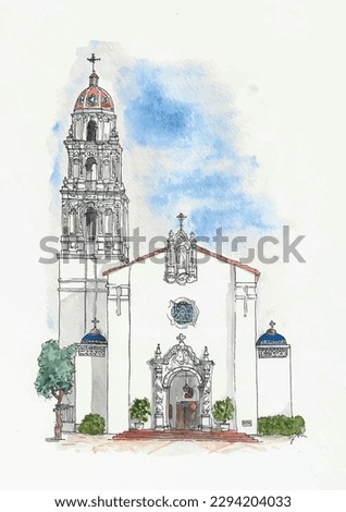 White Italianate orthodox church, blue sky, dome, tower. Watercolor sketch illustration.