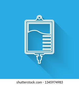 White IV bag icon isolated with long shadow. Blood bag icon. Donate blood concept. The concept of treatment and therapy, chemotherapy. Vector Illustration