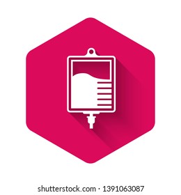 White IV bag icon isolated with long shadow. Blood bag icon. Donate blood concept. The concept of treatment and therapy, chemotherapy. Pink hexagon button. Vector Illustration