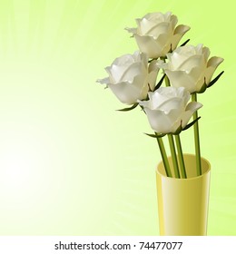 white and ivory vector roses in a vase on a green background